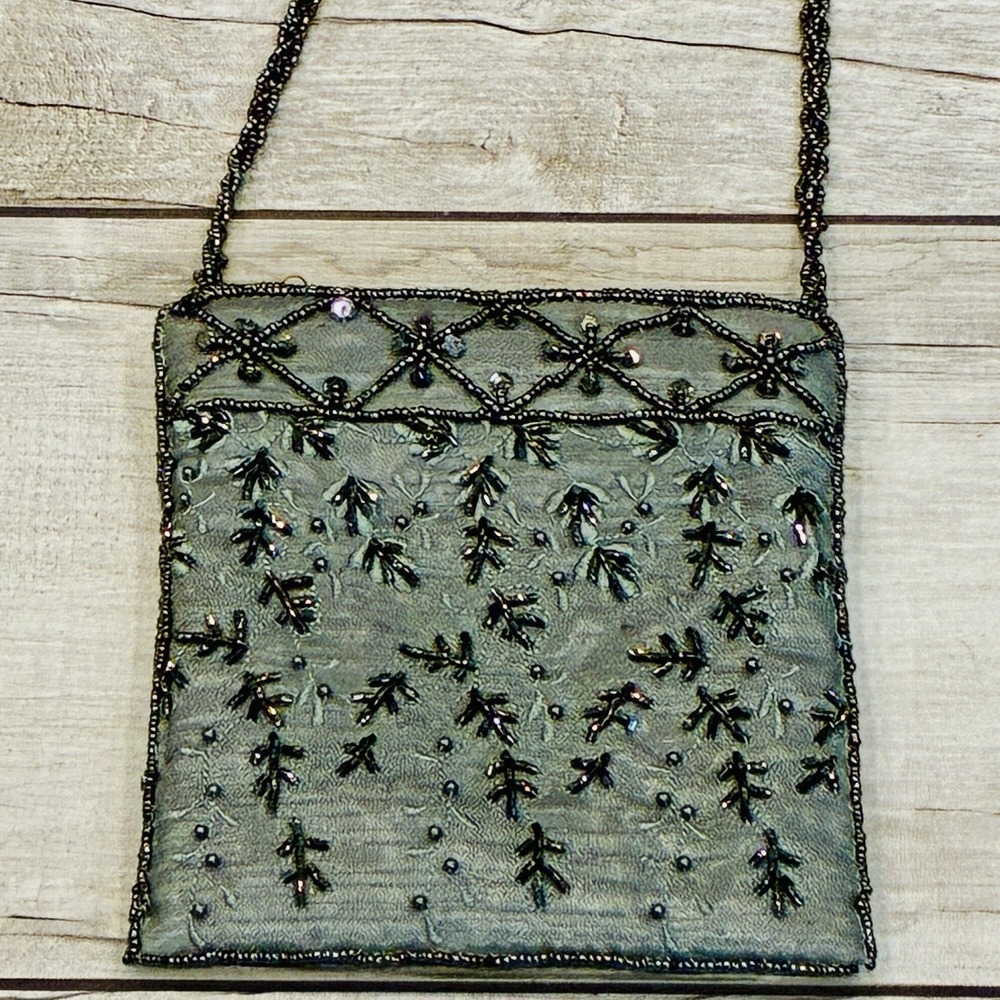 Satin Beaded Crossbody Purse Green Floral Boho Fairy Festival Evening Cocktail